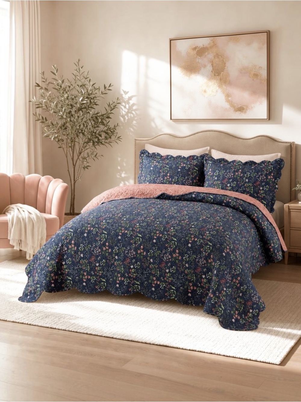 NEW Anthropologie Blue Floral Queen King Quilt Bedding Bedspread Duvet Sham Set